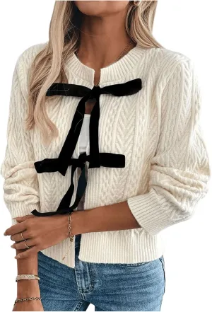 GORGLITTER Women's Bow Tie Front Cardigan Long Sleeve Crewneck Cable Knit Fall Sweater
