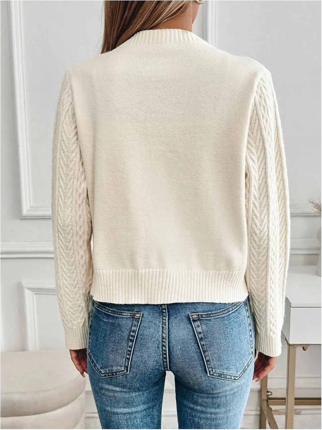 GORGLITTER Women's Bow Tie Front Cardigan Long Sleeve Crewneck Cable Knit Fall Sweater