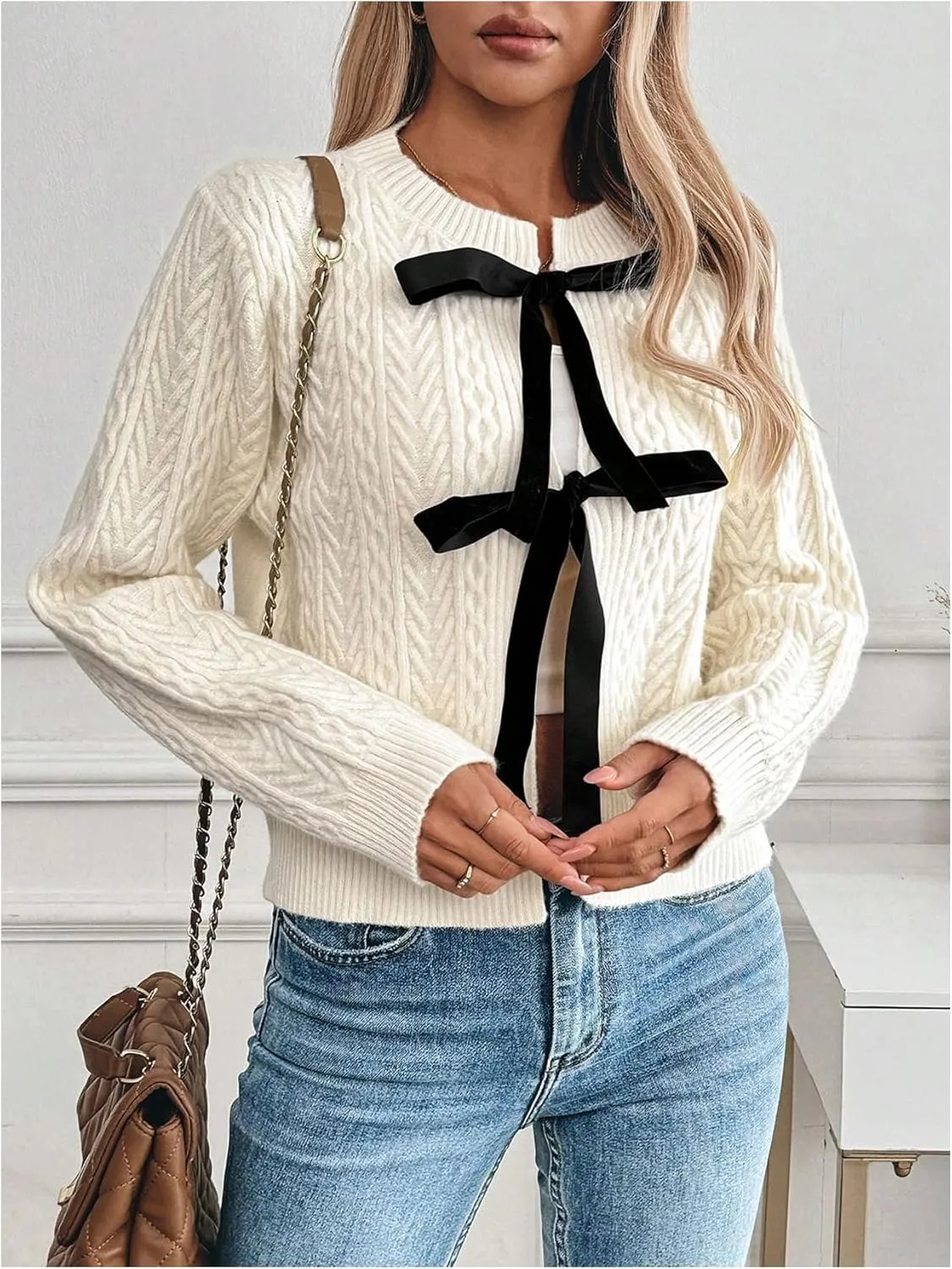 GORGLITTER Women's Bow Tie Front Cardigan Long Sleeve Crewneck Cable Knit Fall Sweater
