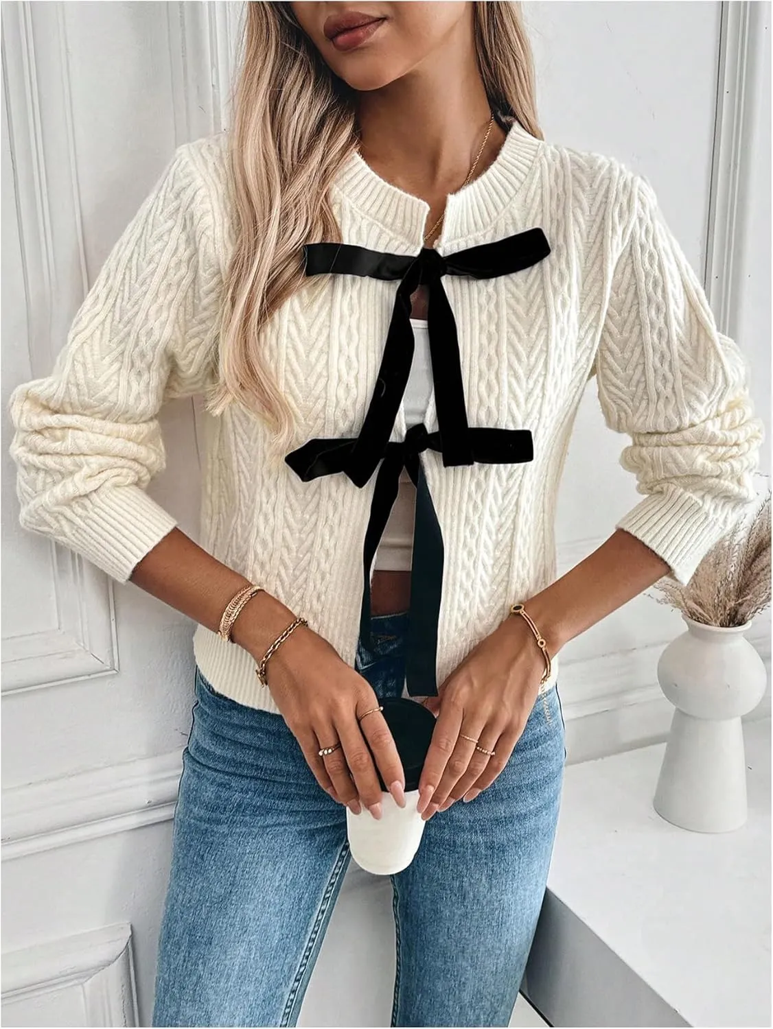 GORGLITTER Women's Bow Tie Front Cardigan Long Sleeve Crewneck Cable Knit Fall Sweater