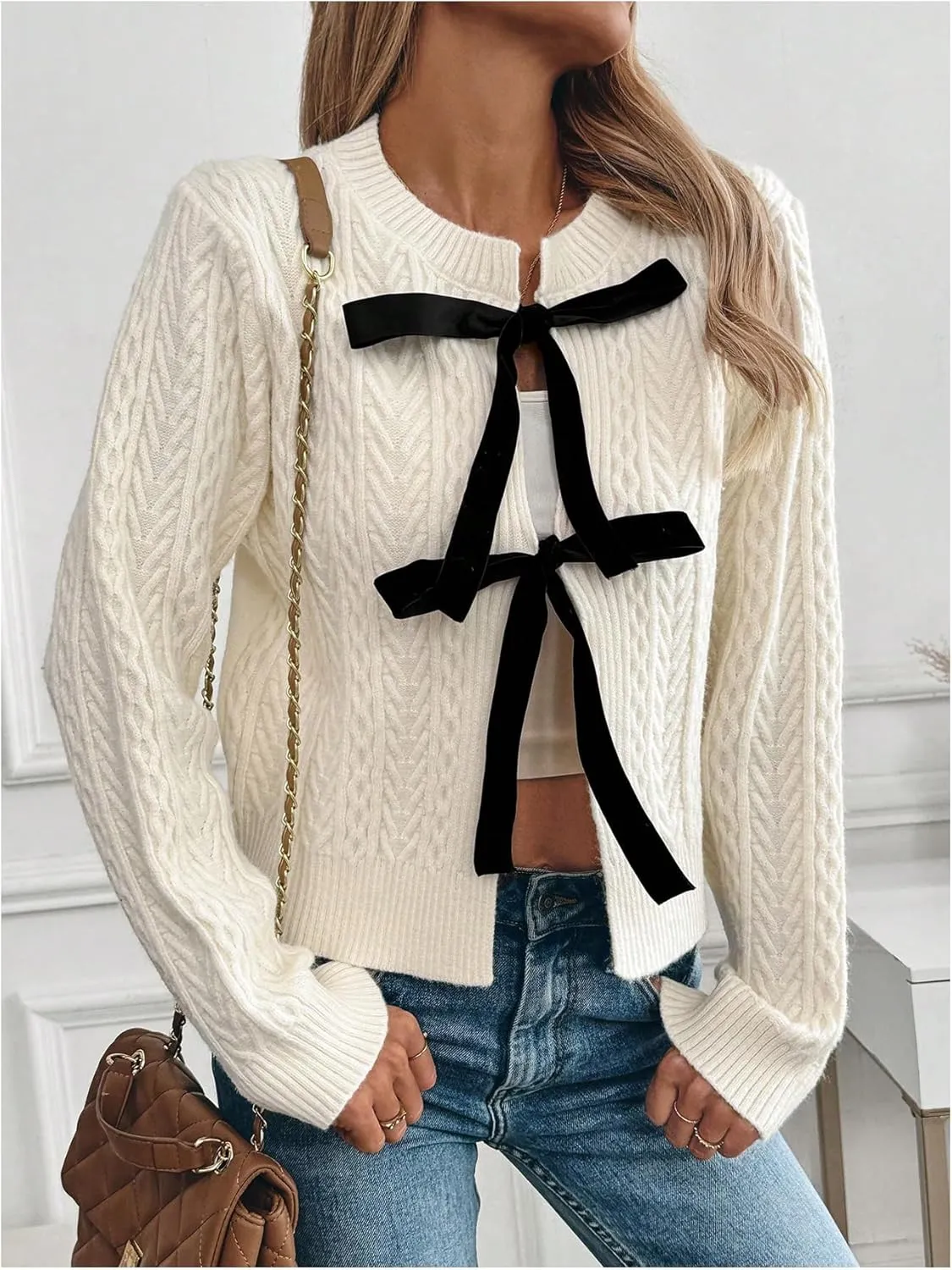 GORGLITTER Women's Bow Tie Front Cardigan Long Sleeve Crewneck Cable Knit Fall Sweater