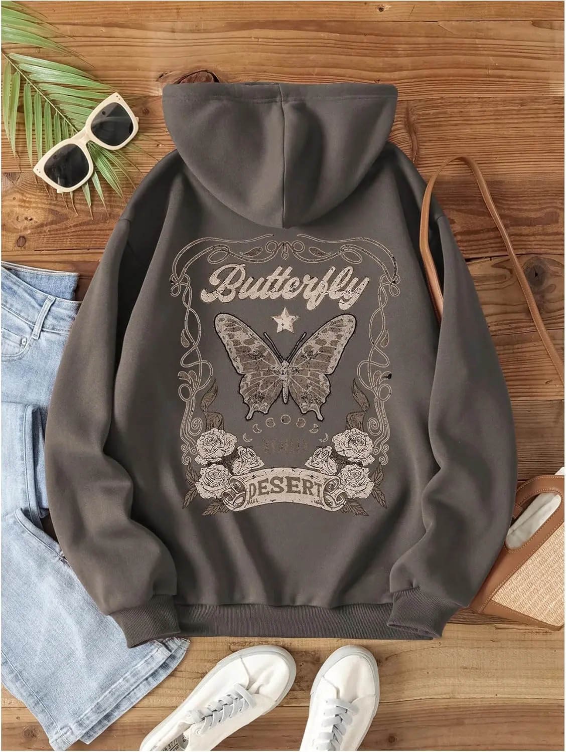 GORGLITTER Women's Flower Graphic Hoodie Hooded Sweatshirt Letter Print Long Sleeve Drawstring Pullover