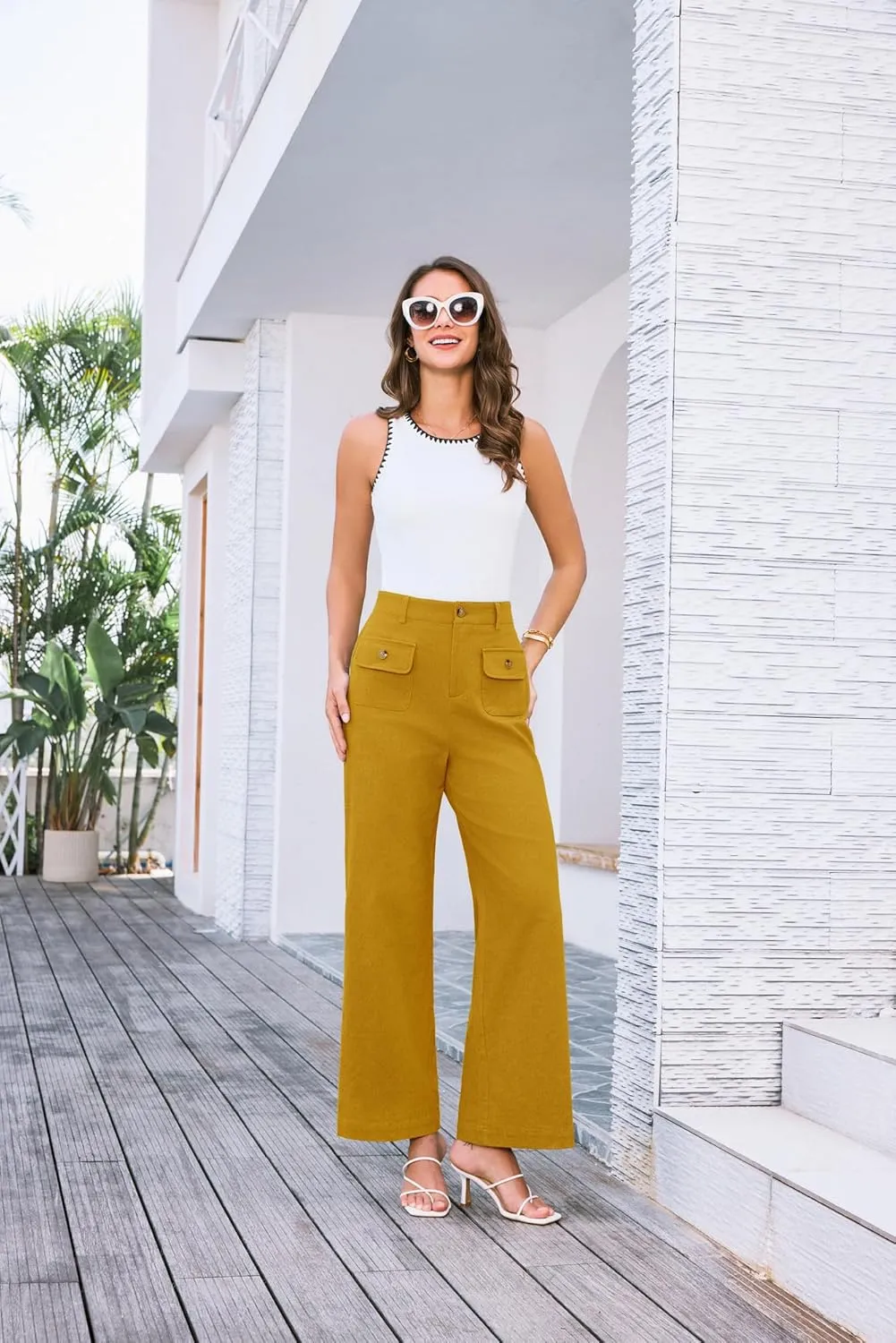 GRACE KARIN Women Wide Leg Pants High Waist Stretchy Pants Dressy Business Work Casual Trousers with Pockets