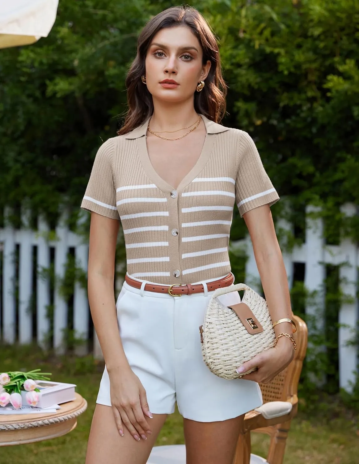 GRACE KARIN Womens Short Sleeve Sweater Tops V Neck Knitted Striped Shirts Casual Collared Work Top Comfy 2025 Summer