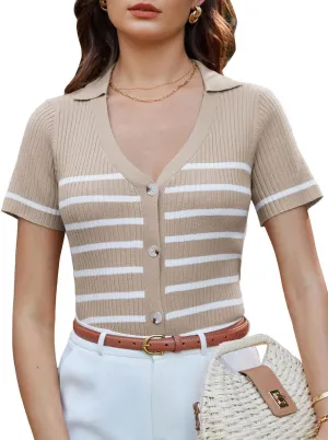 GRACE KARIN Womens Short Sleeve Sweater Tops V Neck Knitted Striped Shirts Casual Collared Work Top Comfy 2025 Summer