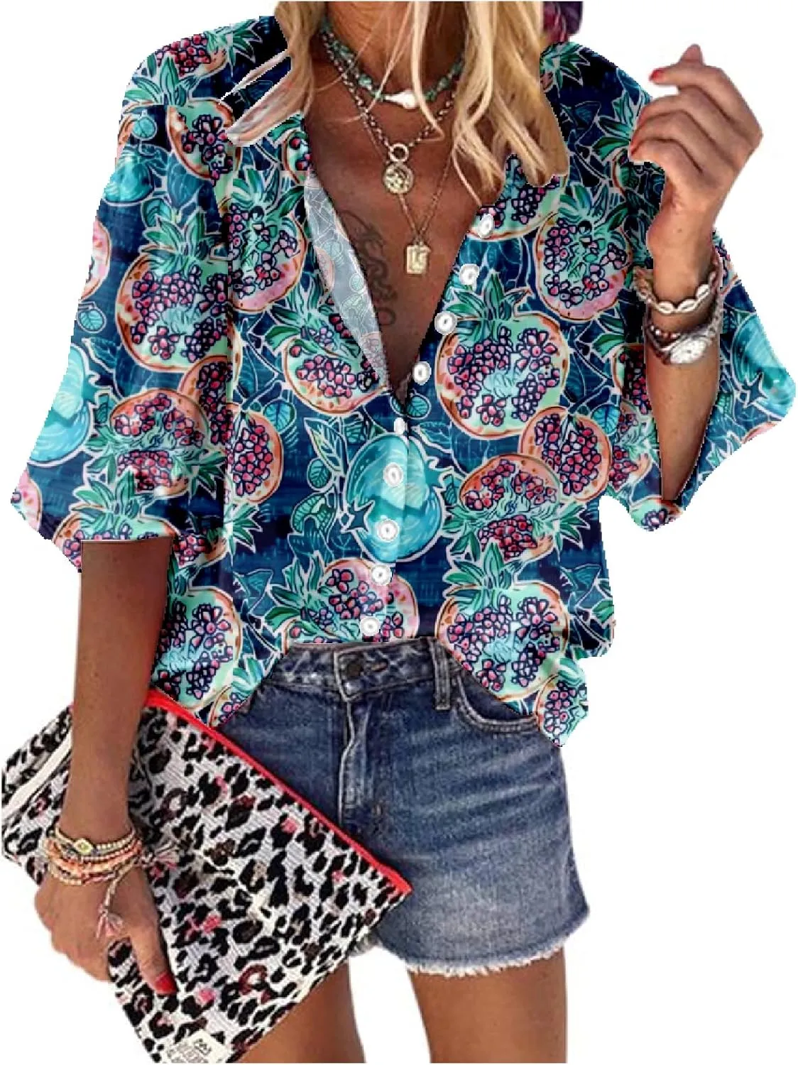 Hawaiian Shirts for Women 3/4 Length Sleeve Womens Tops Casual Loose Fitted Button Down Shirts for Women