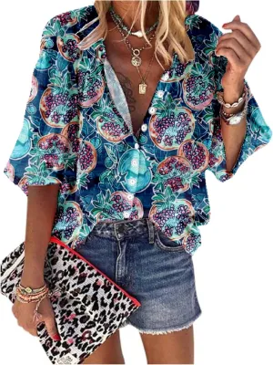 Hawaiian Shirts for Women 3/4 Length Sleeve Womens Tops Casual Loose Fitted Button Down Shirts for Women