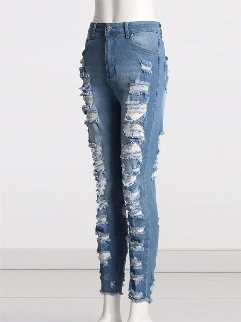 Hdhdeueh Women Distressed Denim Pants Slim Fit Skinny Jeans Stretch Pencil Pants