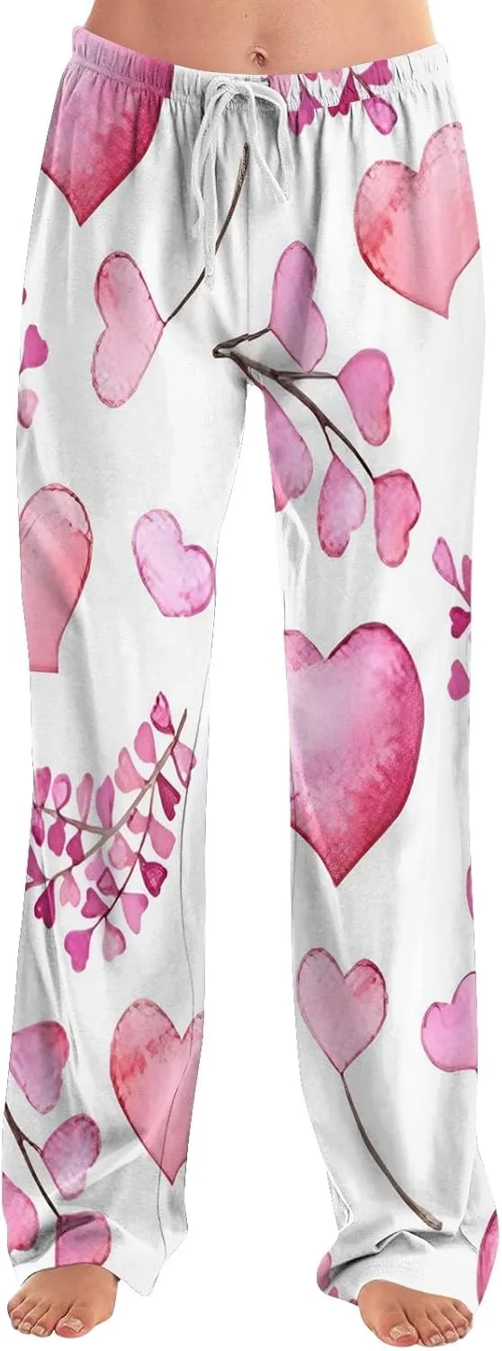 Heart Pajama Pants Stretchy Baggy Elastic Waist Valentines Pajama Pants Drawstring Loose Comfy Wide Leg Lounge Pants