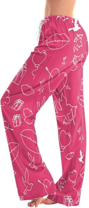 Heart Pajama Pants Stretchy Baggy Elastic Waist Valentines Pajama Pants Drawstring Loose Comfy Wide Leg Lounge Pants