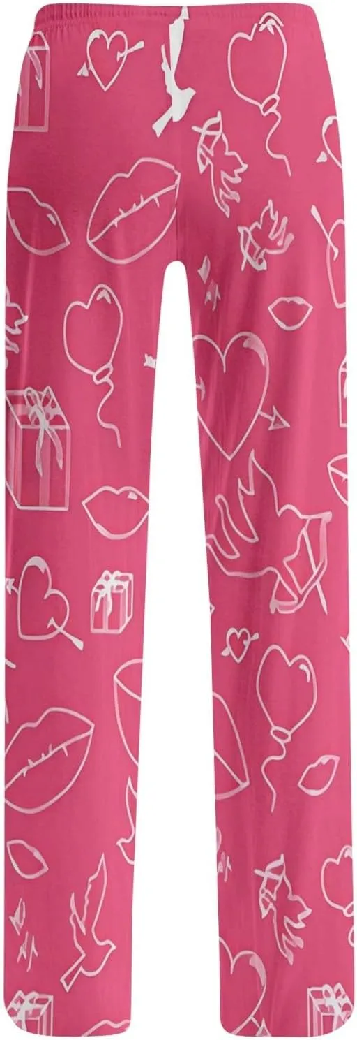 Heart Pajama Pants Stretchy Baggy Elastic Waist Valentines Pajama Pants Drawstring Loose Comfy Wide Leg Lounge Pants