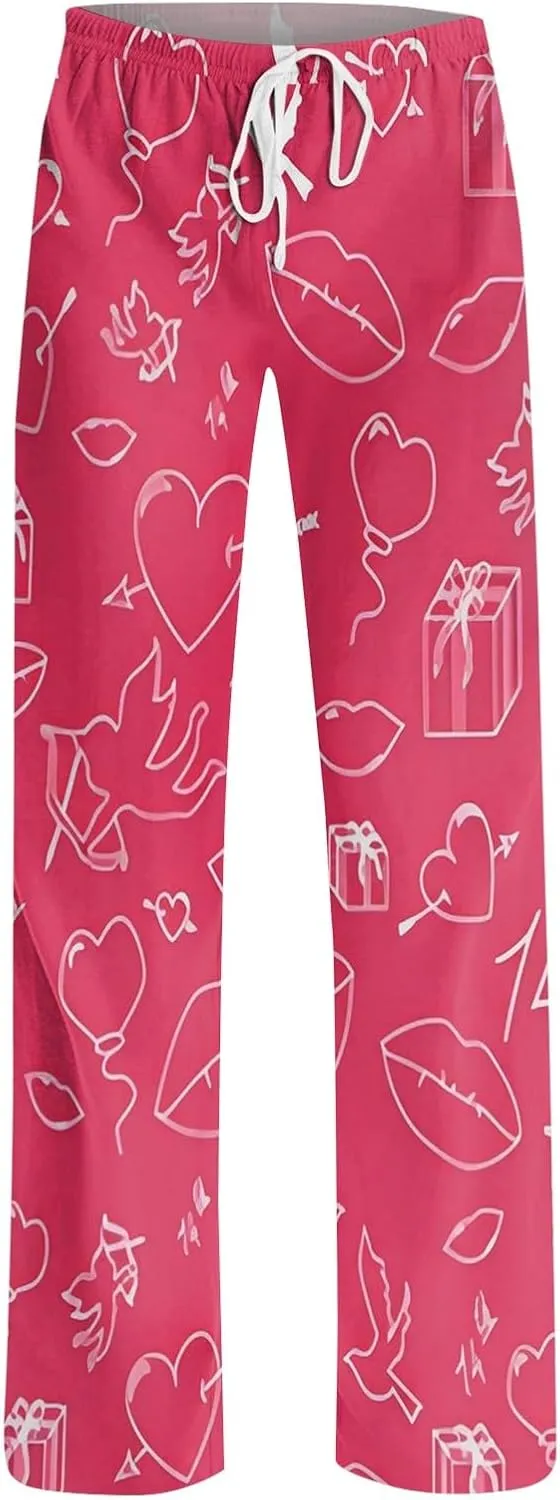 Heart Pajama Pants Stretchy Baggy Elastic Waist Valentines Pajama Pants Drawstring Loose Comfy Wide Leg Lounge Pants