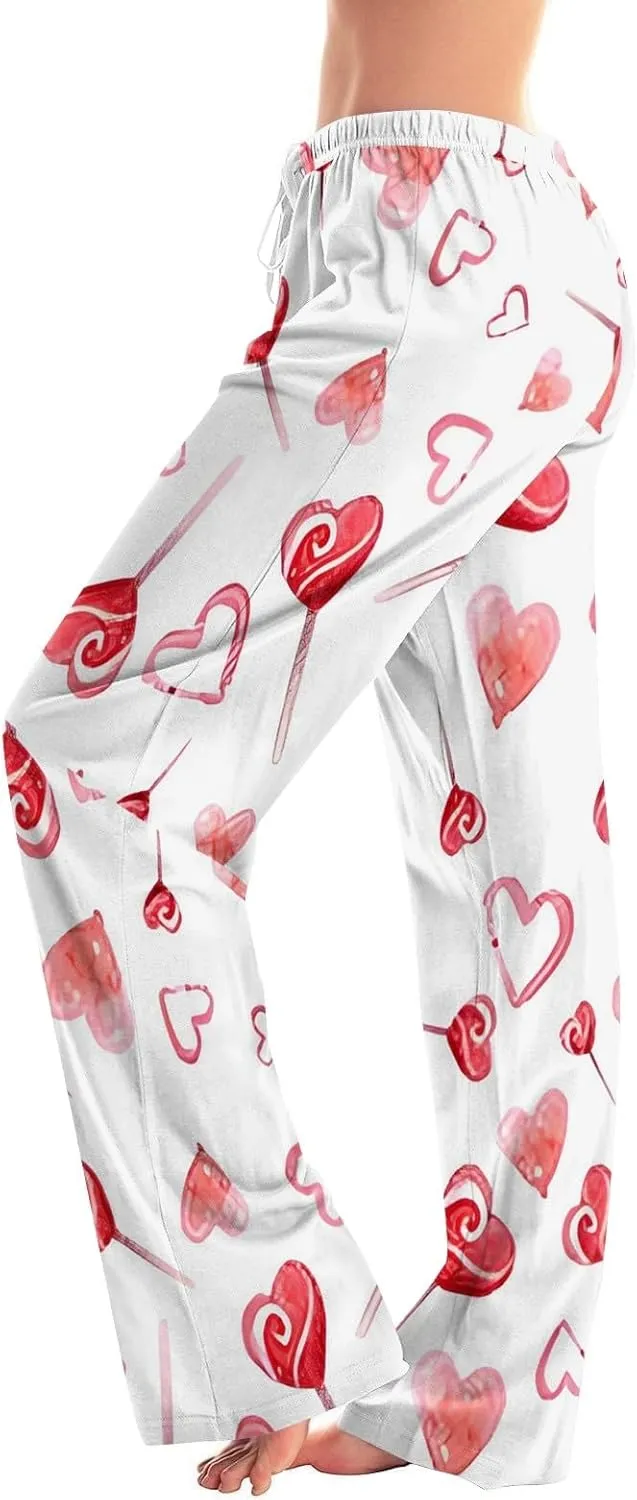 Heart Pajama Pants Stretchy Baggy Elastic Waist Valentines Pajama Pants Drawstring Loose Comfy Wide Leg Lounge Pants