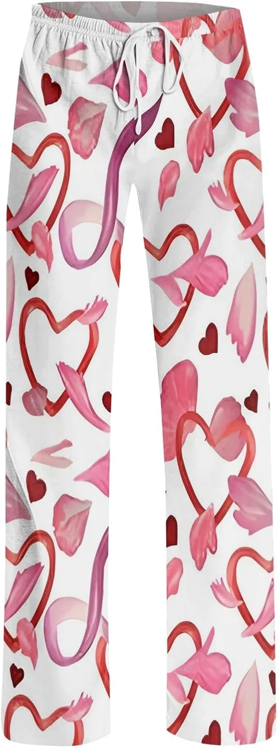 Heart Pajama Pants Stretchy Baggy Elastic Waist Valentines Pajama Pants Drawstring Loose Comfy Wide Leg Lounge Pants