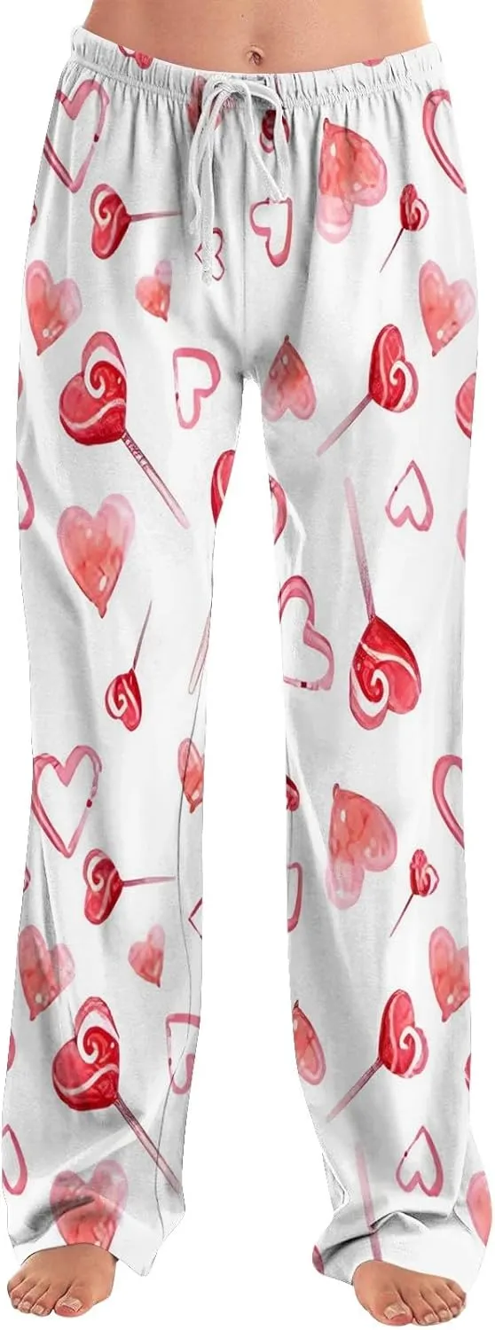 Heart Pajama Pants Stretchy Baggy Elastic Waist Valentines Pajama Pants Drawstring Loose Comfy Wide Leg Lounge Pants