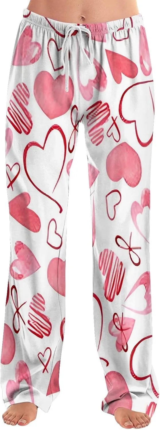 Heart Pajama Pants Stretchy Baggy Elastic Waist Valentines Pajama Pants Drawstring Loose Comfy Wide Leg Lounge Pants