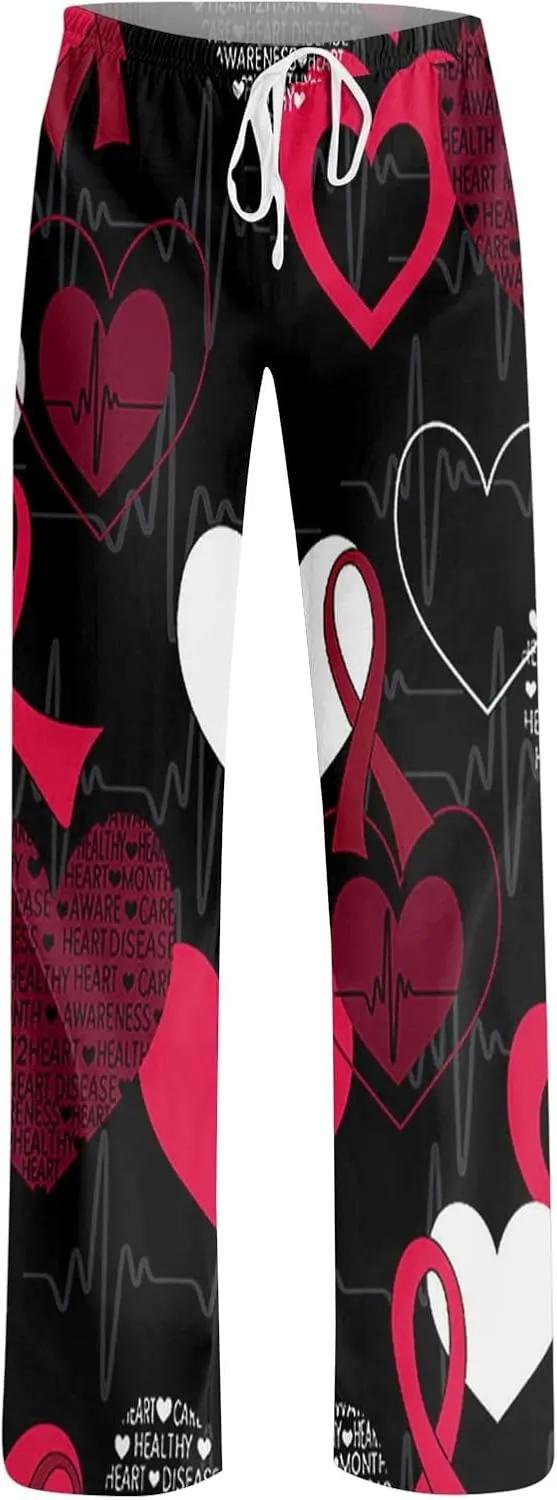 Heart Pajama Pants Stretchy Baggy Elastic Waist Valentines Pajama Pants Drawstring Loose Comfy Wide Leg Lounge Pants