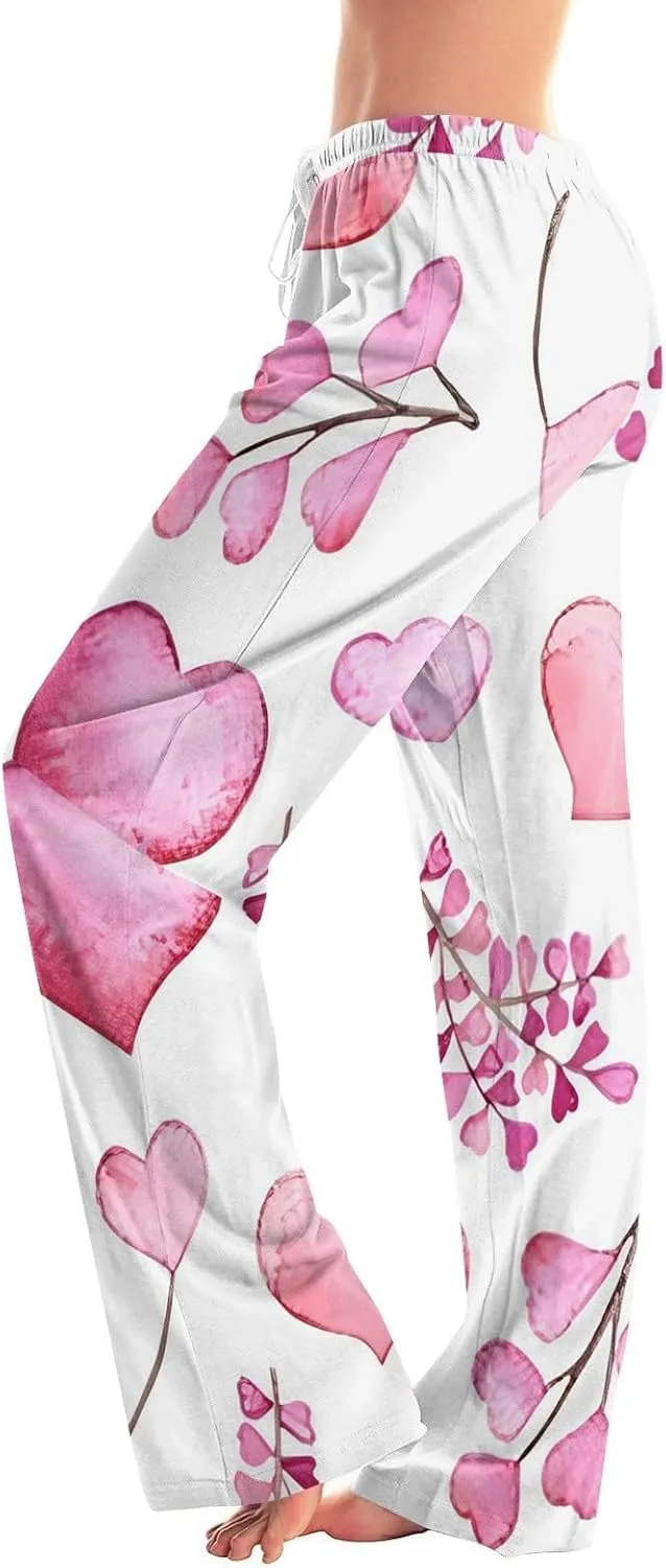 Heart Pajama Pants Stretchy Baggy Elastic Waist Valentines Pajama Pants Drawstring Loose Comfy Wide Leg Lounge Pants