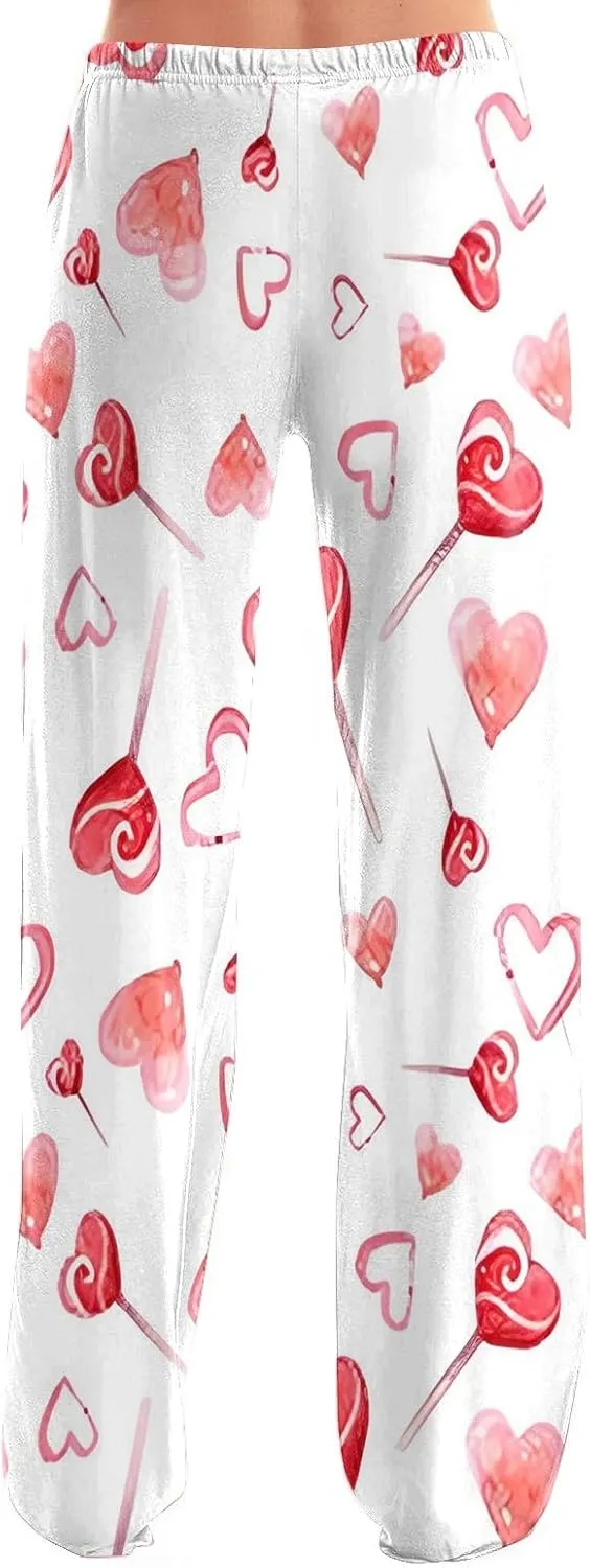 Heart Pajama Pants Stretchy Baggy Elastic Waist Valentines Pajama Pants Drawstring Loose Comfy Wide Leg Lounge Pants