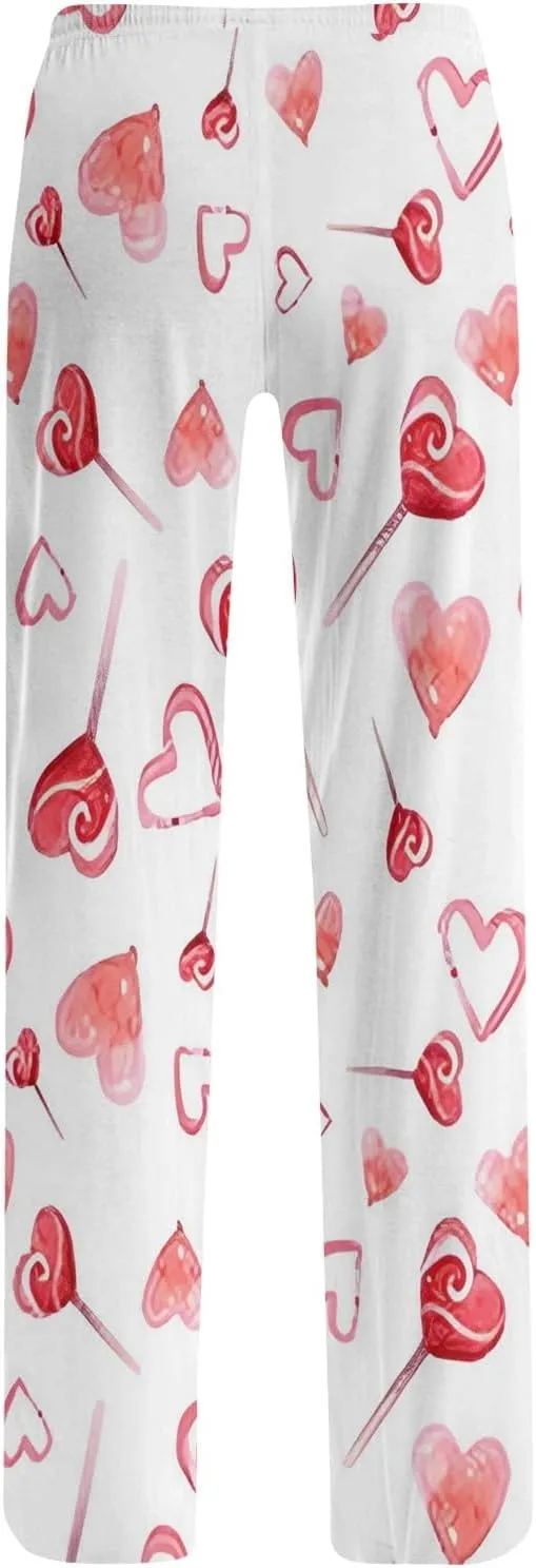 Heart Pajama Pants Stretchy Baggy Elastic Waist Valentines Pajama Pants Drawstring Loose Comfy Wide Leg Lounge Pants