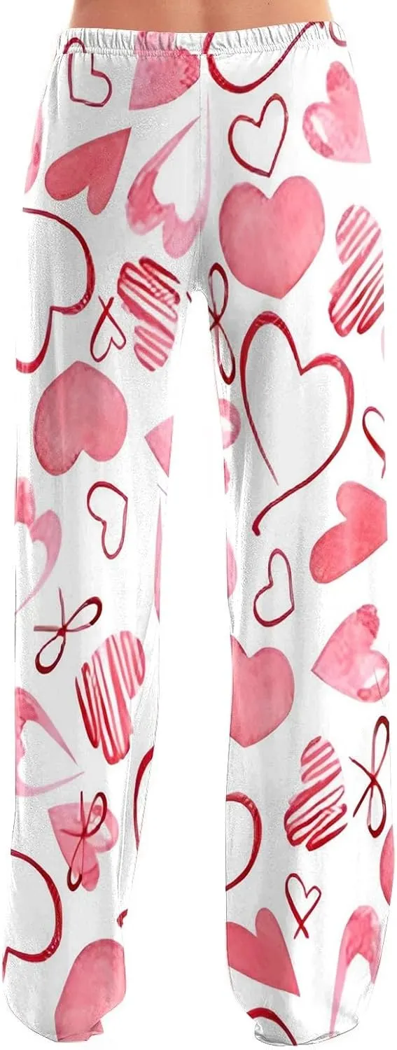 Heart Pajama Pants Stretchy Baggy Elastic Waist Valentines Pajama Pants Drawstring Loose Comfy Wide Leg Lounge Pants