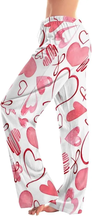 Heart Pajama Pants Stretchy Baggy Elastic Waist Valentines Pajama Pants Drawstring Loose Comfy Wide Leg Lounge Pants