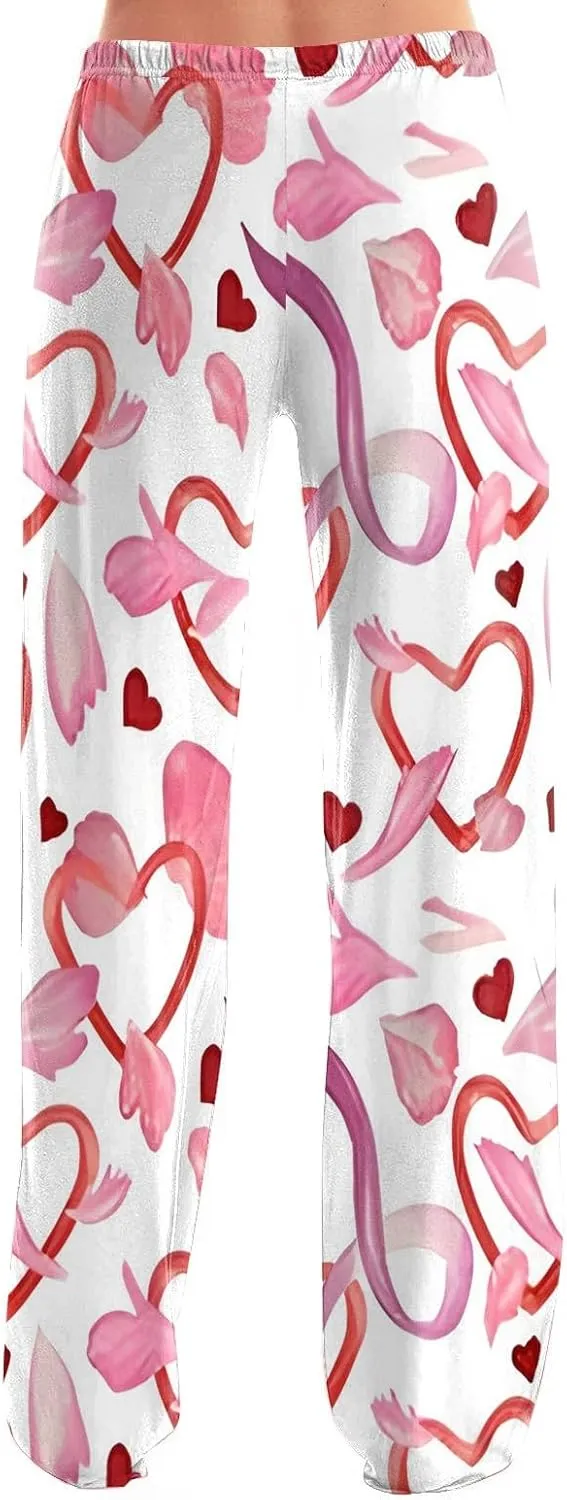 Heart Pajama Pants Stretchy Baggy Elastic Waist Valentines Pajama Pants Drawstring Loose Comfy Wide Leg Lounge Pants