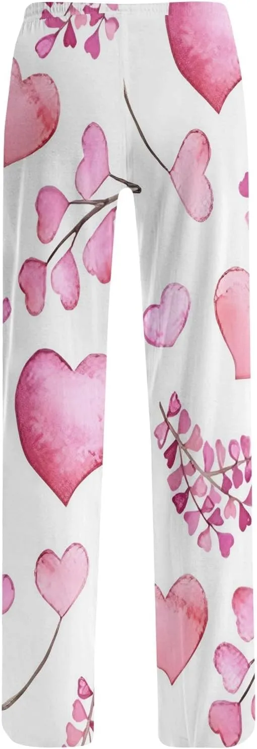Heart Pajama Pants Stretchy Baggy Elastic Waist Valentines Pajama Pants Drawstring Loose Comfy Wide Leg Lounge Pants