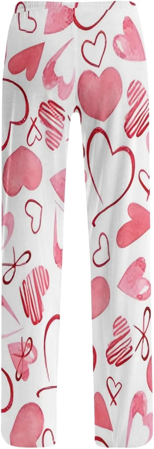 Heart Pajama Pants Stretchy Baggy Elastic Waist Valentines Pajama Pants Drawstring Loose Comfy Wide Leg Lounge Pants