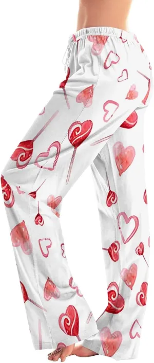 Heart Pajama Pants Stretchy Baggy Elastic Waist Valentines Pajama Pants Drawstring Loose Comfy Wide Leg Lounge Pants