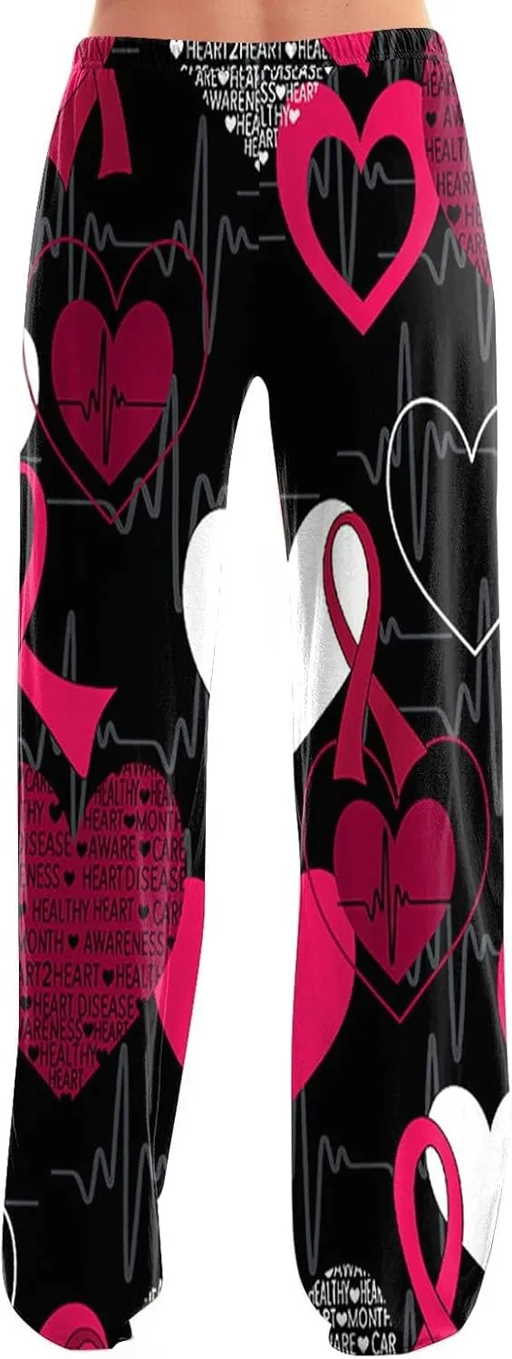 Heart Pajama Pants Stretchy Baggy Elastic Waist Valentines Pajama Pants Drawstring Loose Comfy Wide Leg Lounge Pants