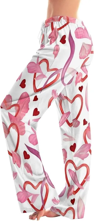 Heart Pajama Pants Stretchy Baggy Elastic Waist Valentines Pajama Pants Drawstring Loose Comfy Wide Leg Lounge Pants