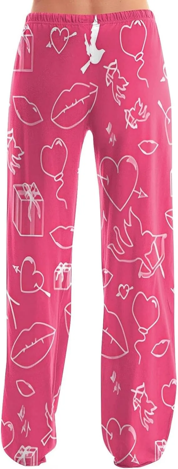Heart Pajama Pants Stretchy Baggy Elastic Waist Valentines Pajama Pants Drawstring Loose Comfy Wide Leg Lounge Pants