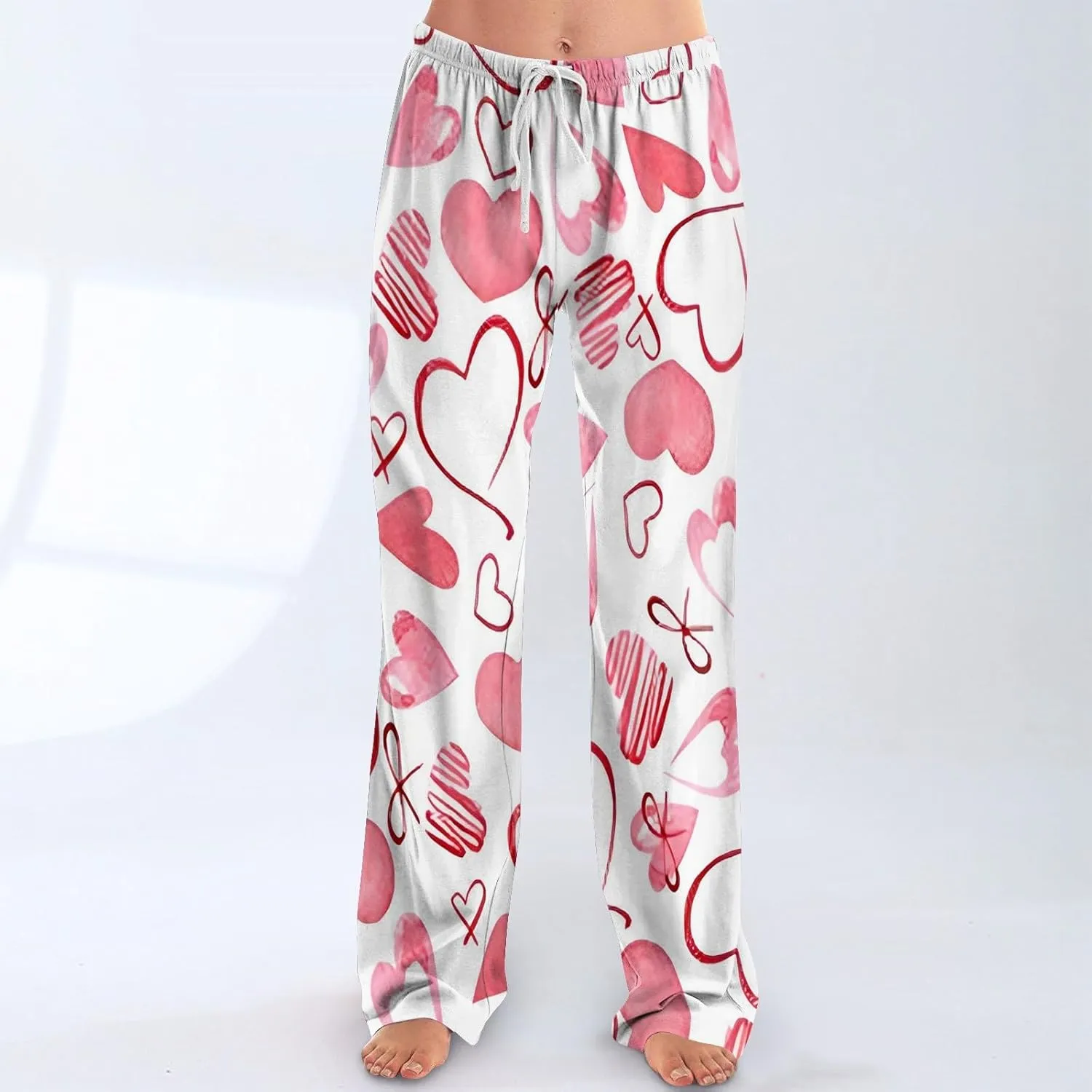 Heart Pajama Pants Stretchy Baggy Elastic Waist Valentines Pajama Pants Drawstring Loose Comfy Wide Leg Lounge Pants