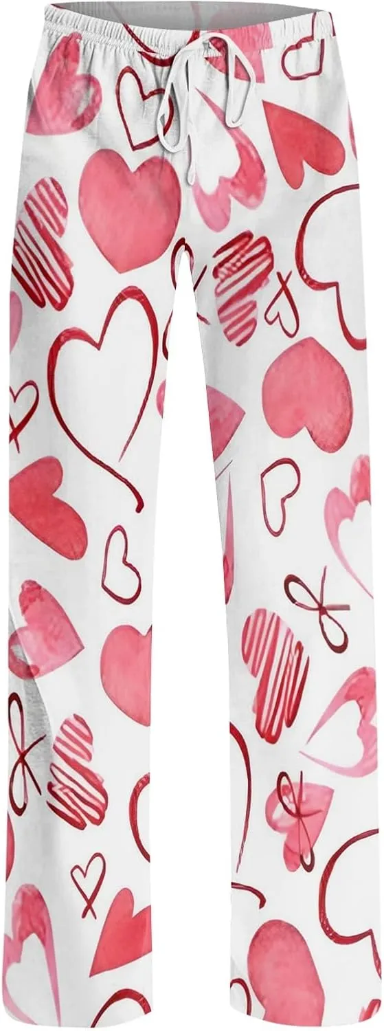 Heart Pajama Pants Stretchy Baggy Elastic Waist Valentines Pajama Pants Drawstring Loose Comfy Wide Leg Lounge Pants