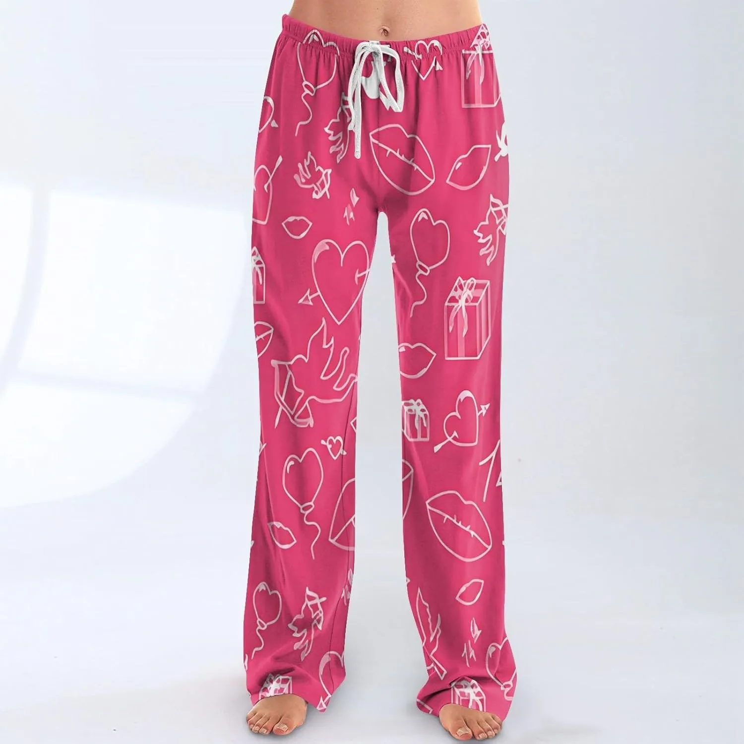 Heart Pajama Pants Stretchy Baggy Elastic Waist Valentines Pajama Pants Drawstring Loose Comfy Wide Leg Lounge Pants