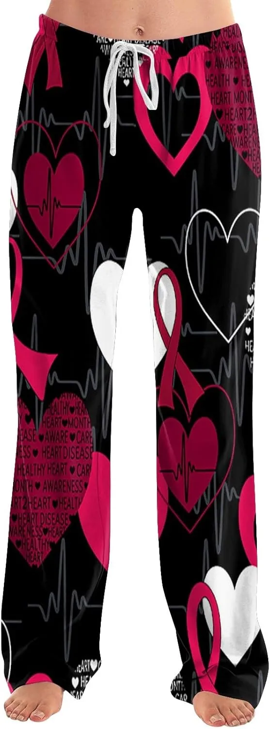 Heart Pajama Pants Stretchy Baggy Elastic Waist Valentines Pajama Pants Drawstring Loose Comfy Wide Leg Lounge Pants