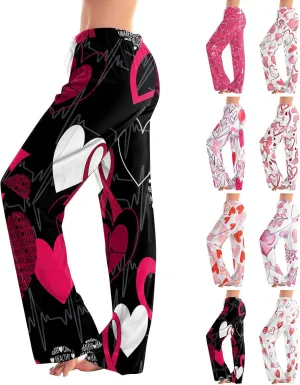 Heart Pajama Pants Stretchy Baggy Elastic Waist Valentines Pajama Pants Drawstring Loose Comfy Wide Leg Lounge Pants