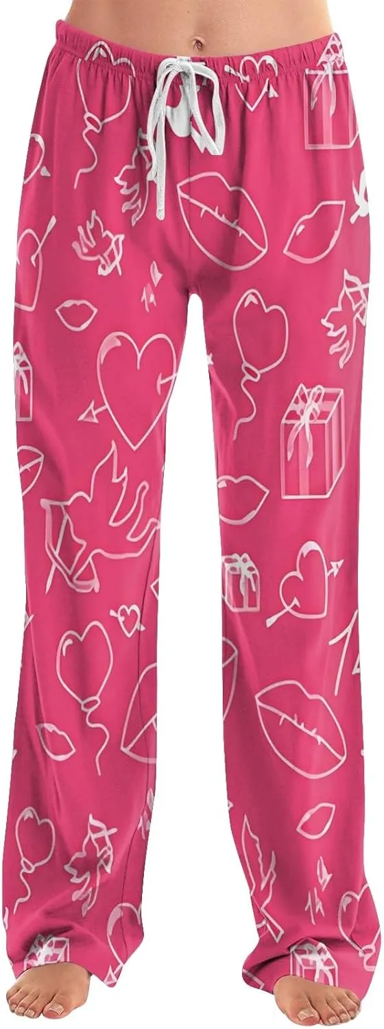 Heart Pajama Pants Stretchy Baggy Elastic Waist Valentines Pajama Pants Drawstring Loose Comfy Wide Leg Lounge Pants