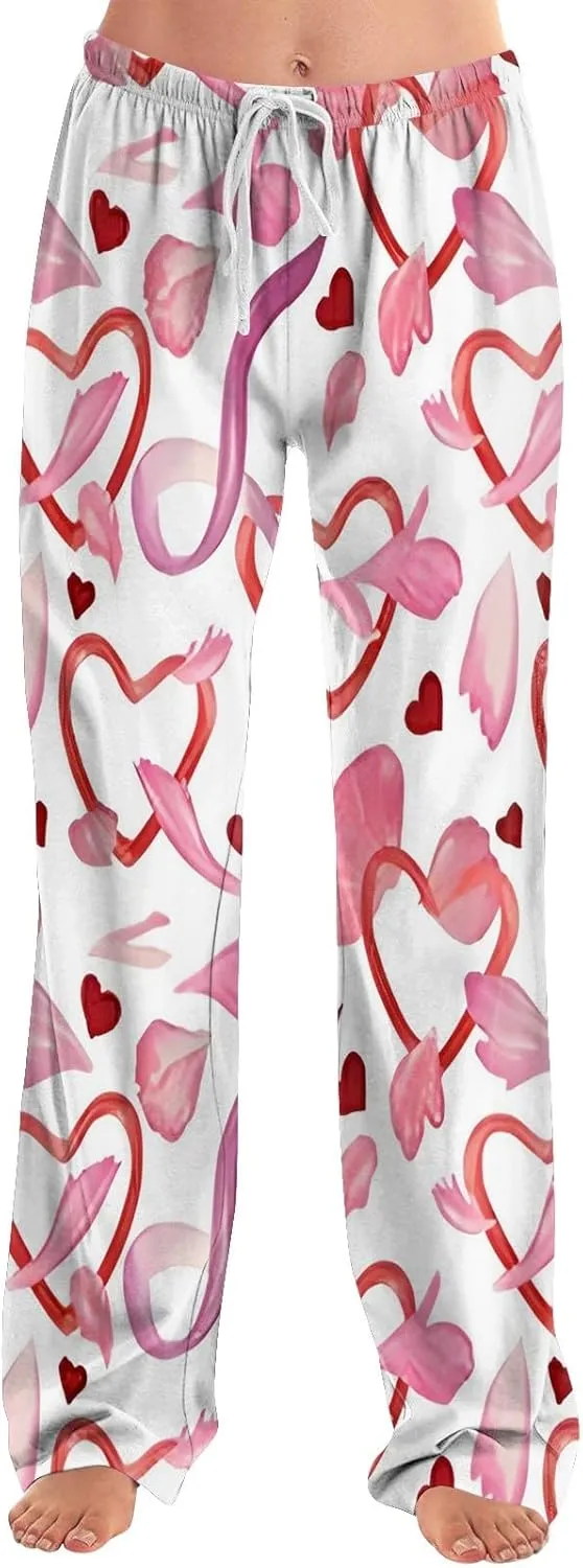 Heart Pajama Pants Stretchy Baggy Elastic Waist Valentines Pajama Pants Drawstring Loose Comfy Wide Leg Lounge Pants