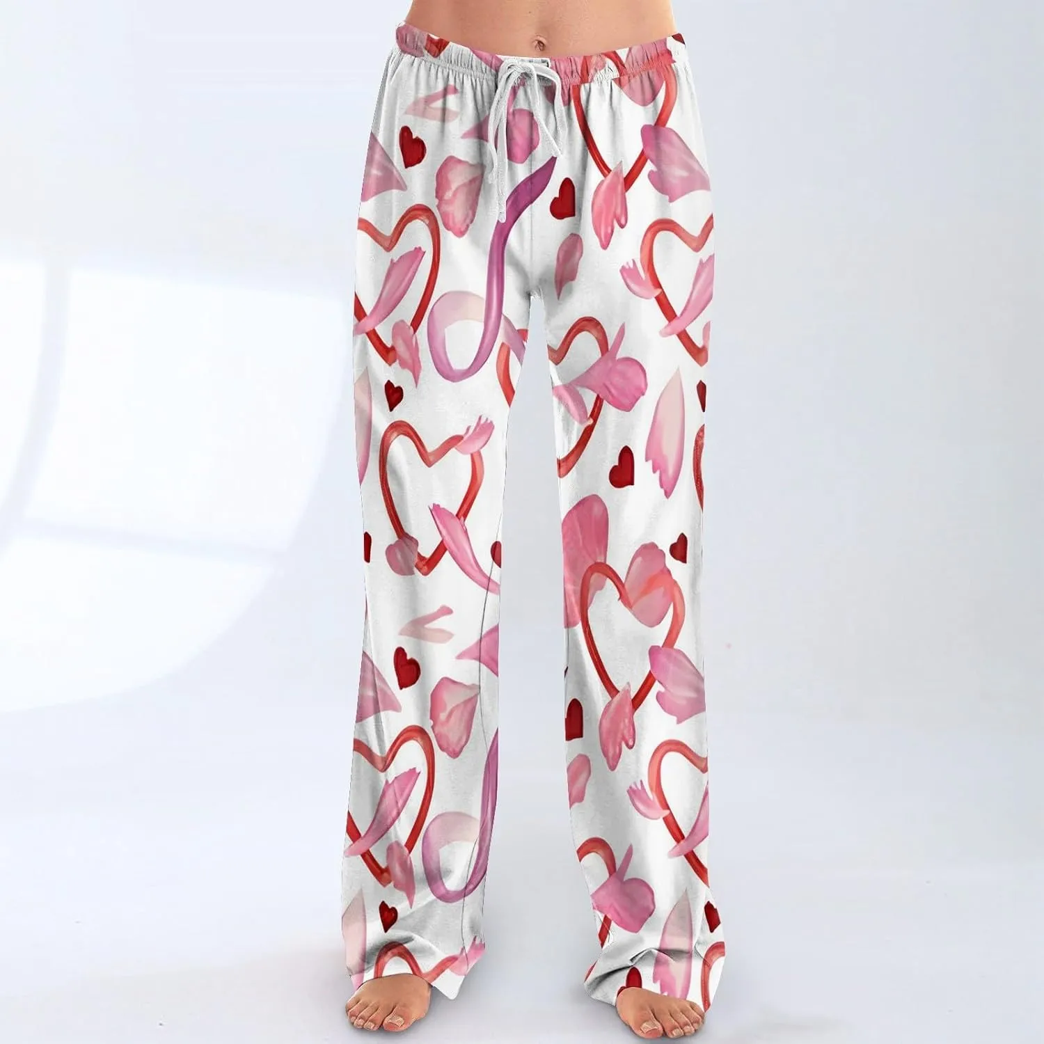 Heart Pajama Pants Stretchy Baggy Elastic Waist Valentines Pajama Pants Drawstring Loose Comfy Wide Leg Lounge Pants