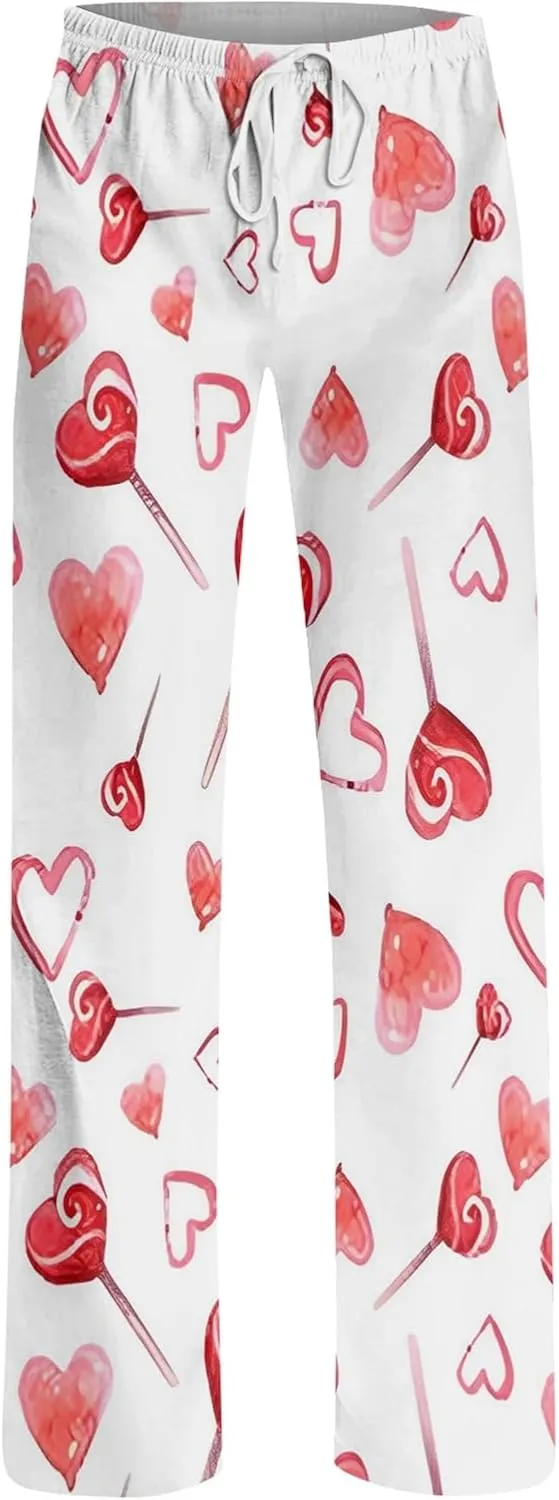 Heart Pajama Pants Stretchy Baggy Elastic Waist Valentines Pajama Pants Drawstring Loose Comfy Wide Leg Lounge Pants