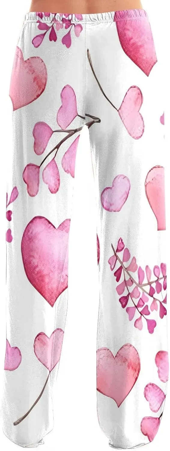 Heart Pajama Pants Stretchy Baggy Elastic Waist Valentines Pajama Pants Drawstring Loose Comfy Wide Leg Lounge Pants