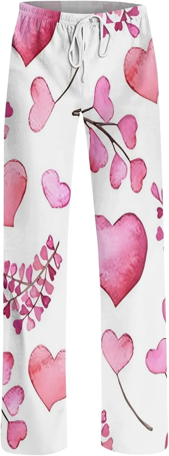 Heart Pajama Pants Stretchy Baggy Elastic Waist Valentines Pajama Pants Drawstring Loose Comfy Wide Leg Lounge Pants