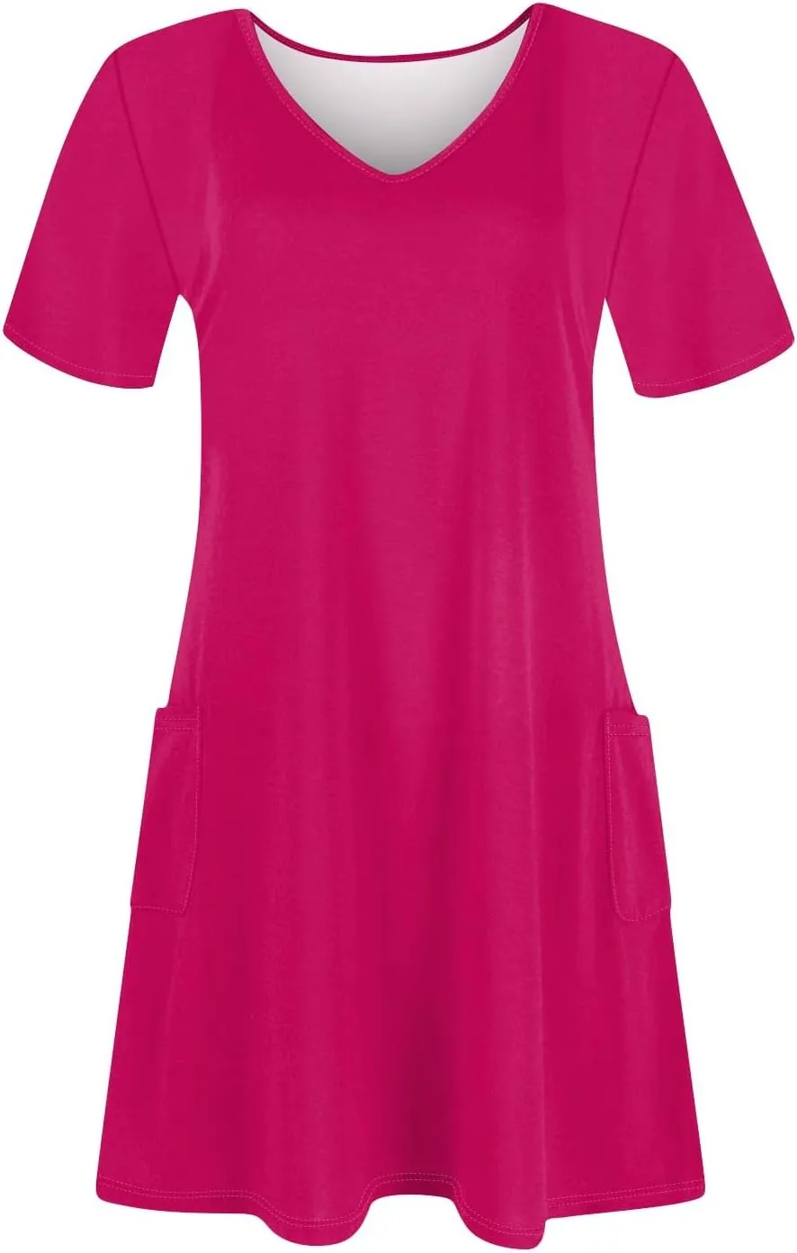 HHmei Summer Dresses for Women Loose V Neck Short Sleeve Casual T Shirt Dress Sundresses Swimsuit Coverup with Pockets