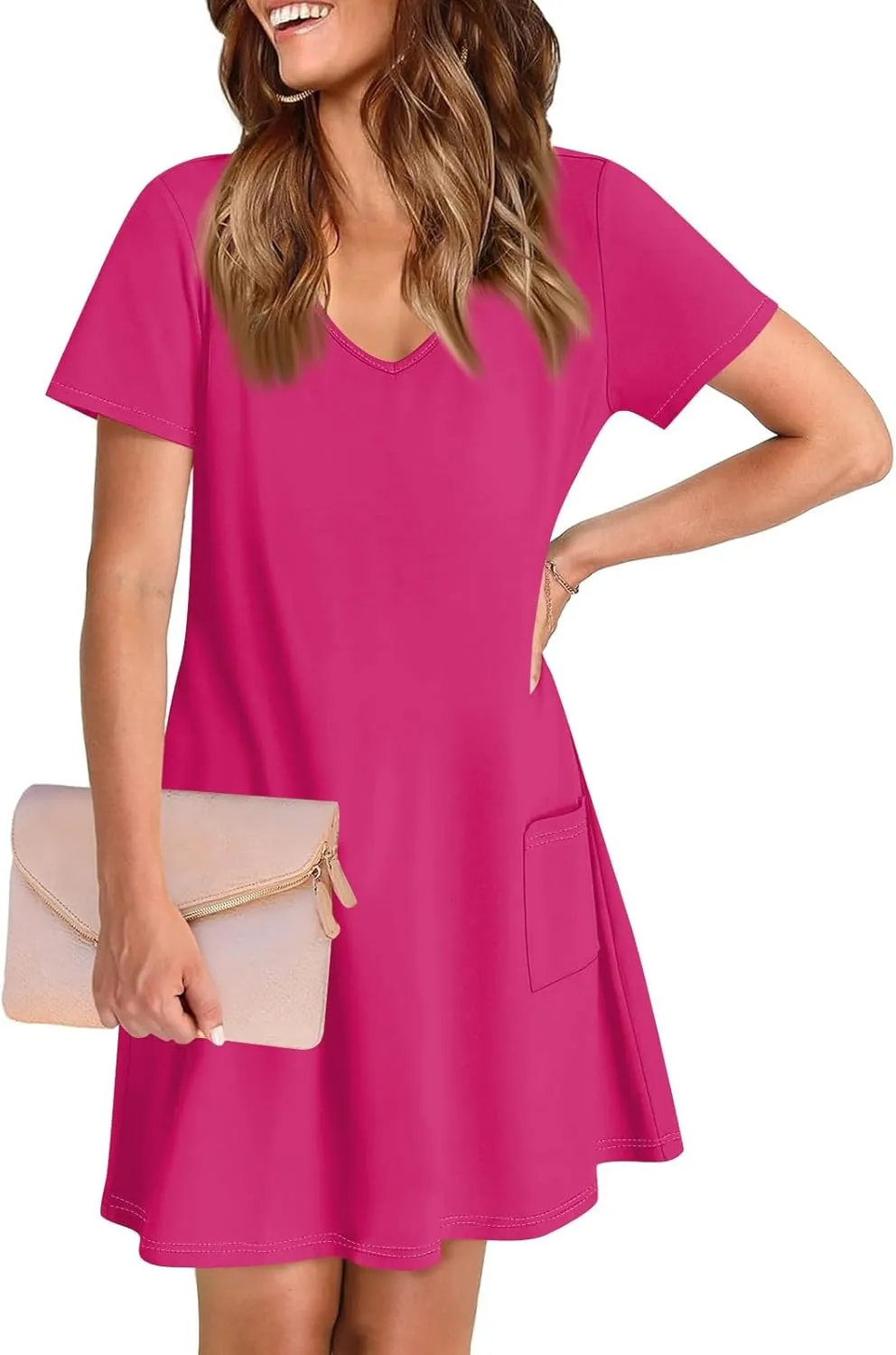 HHmei Summer Dresses for Women Loose V Neck Short Sleeve Casual T Shirt Dress Sundresses Swimsuit Coverup with Pockets