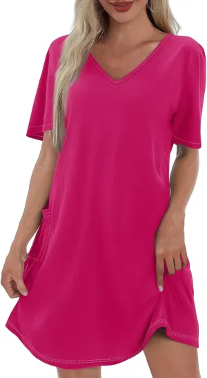 HHmei Summer Dresses for Women Loose V Neck Short Sleeve Casual T Shirt Dress Sundresses Swimsuit Coverup with Pockets