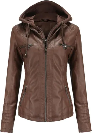 Hooded Leather Jacket Women, Zip up Motorcycle Short PU Moto Biker Outwear, Plus Size Slim Coat Hoodies