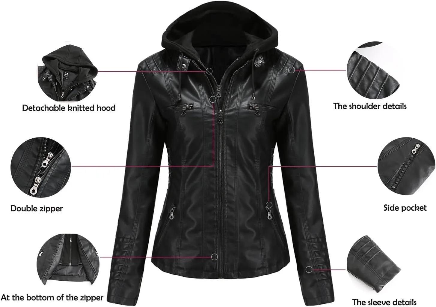 Hooded Leather Jacket Women, Zip up Motorcycle Short PU Moto Biker Outwear, Plus Size Slim Coat Hoodies