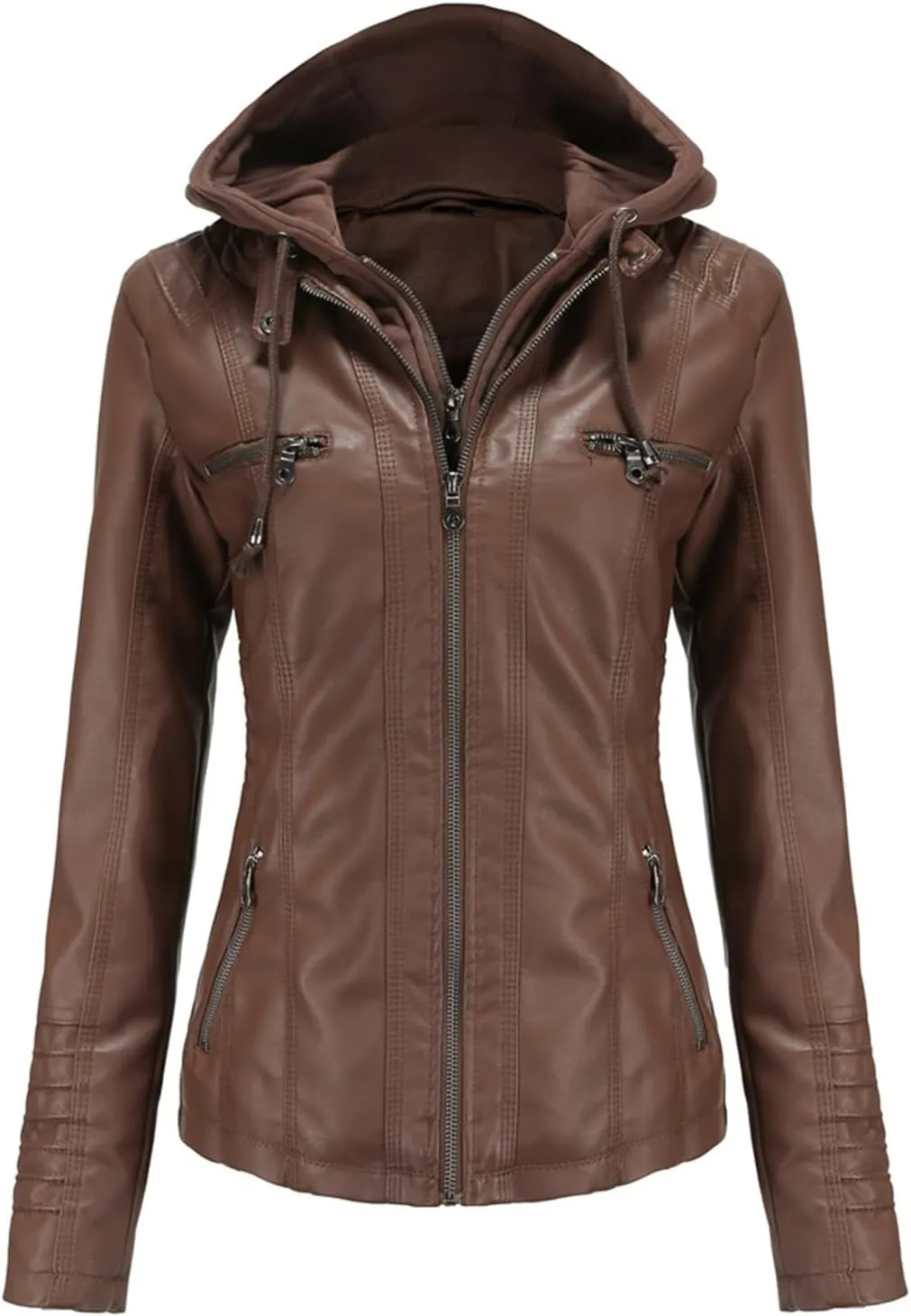 Hooded Leather Jacket Women, Zip up Motorcycle Short PU Moto Biker Outwear, Plus Size Slim Coat Hoodies
